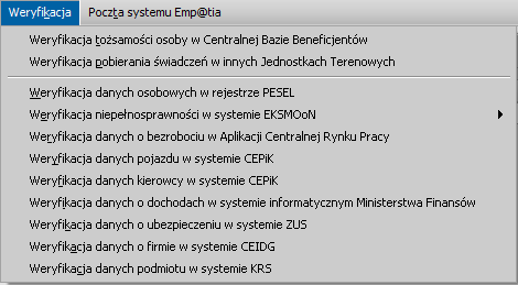 Uwaga: Weryfikacja informacji o beneficjentach w systemach zewnętrznych jest możliwa, jeżeli systemy zewnętrzne i CSIZS udostępniły usługę umożliwiającą weryfikację.