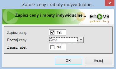 Okno czynności "Zapisz ceny