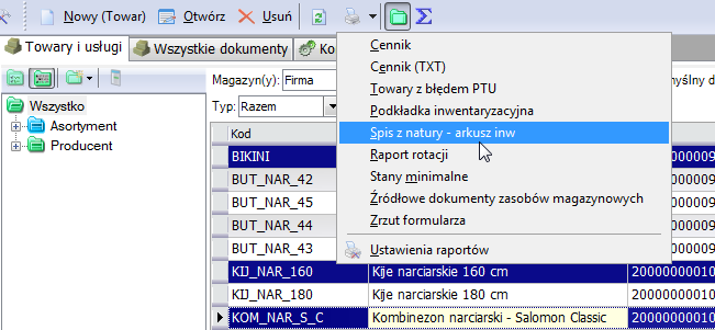 Pozycje inwentaryzacji z dokładnością do zasobów Przy wskazaniu zasobów zmienia się znaczenie kolumn Ilość łączna, Stan zamknięcia, Różnica ilości.