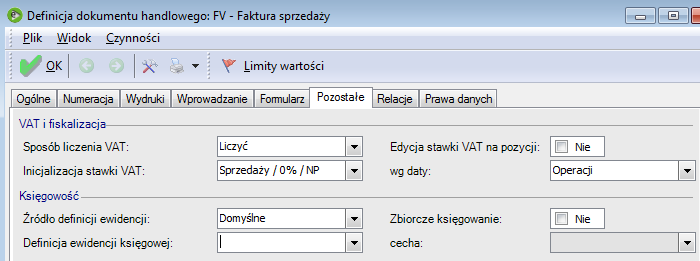 Fragment formularza definicji dokumentu FV ze wskazanym polem określającym ewidencję księgową dla dokumentu Przypisanie dokumentu do ewidencji powinno nastąpić przed rozpoczęciem pracy przez firmę.