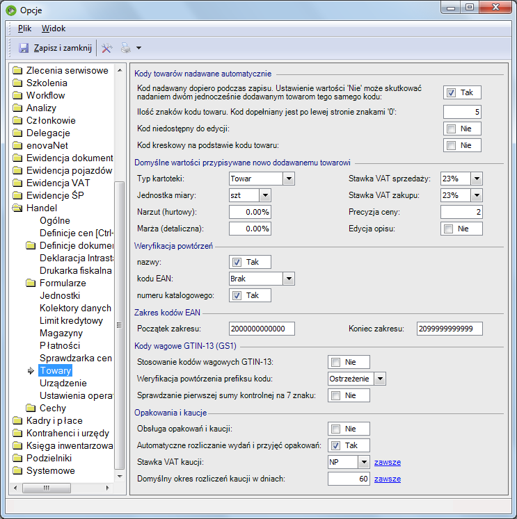 Zakładka Towary w sekcji Handel okna konfiguracji Sekcja Kody towarów nadawane automatycznie: Kod nadawany podczas zapisu transakcyjność zapisów w bazach typu SQL powoduje, że dane wprowadzane są do