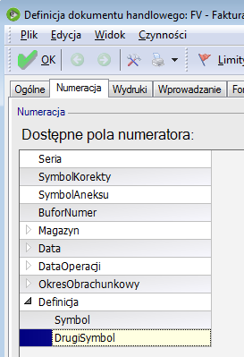 Z dokumentu magazynowego WZ 2 powstaje faktura FV 2 W tym celu na definicji dokumentu FV 2 na zakładce Numeracja usuwamy z prawego okna parametr Definicja.