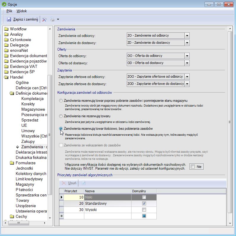 Zakładka Zamówienia - oferty okna konfiguracji W konfiguracji zamówień dostępna jest lista definicji ich priorytetów. Zastosowanie priorytetów omówiono w dalszej części rozdziału.