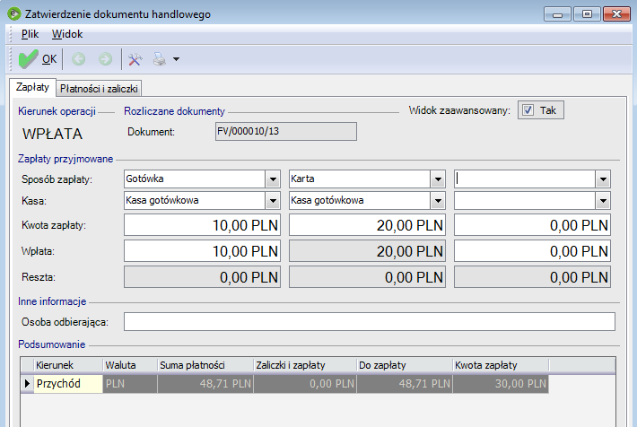 Faktura z wieloma płatnościami Podział zapłaty do dokumentu wpłata gotówką i kartą Przyjęcie zapłaty z kwotą podzieloną na rożne formy płatności (np.