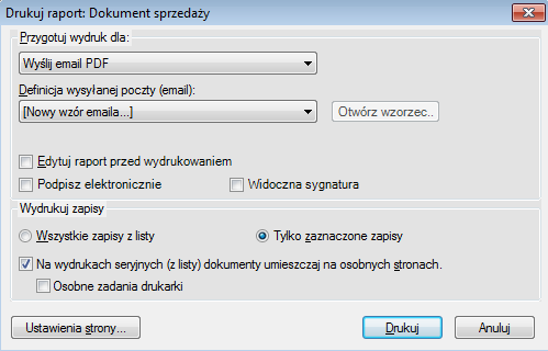 Wybór drukarki PDF w konfiguracji Parametry konta pocztowego W konfiguracji określamy parametry konta pocztowego, z którego wiadomości będą wysyłane (Narzędzia Opcje Systemowe Asystent Wysyłka maili).