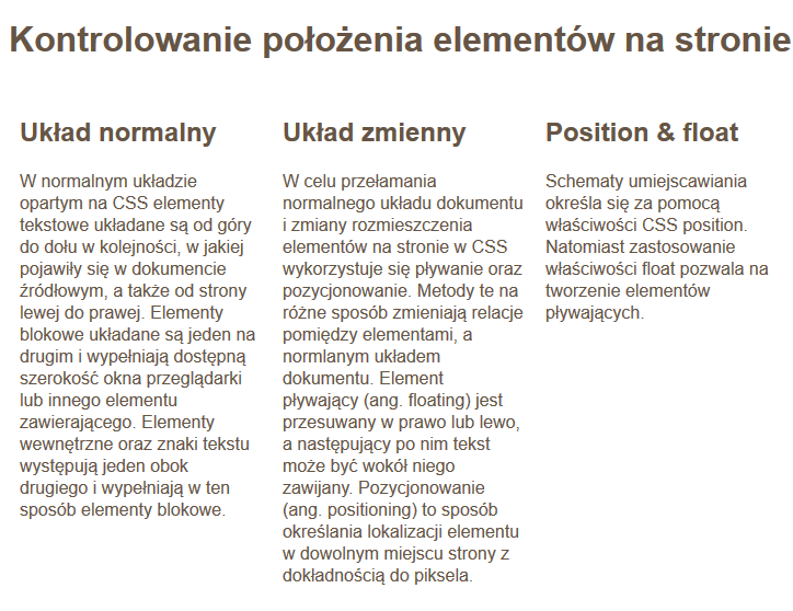 Przykład 2.3. Otwórz plik przyklad2_1.html i zapisz pod nazwą obok_siebie.html w swoim katalogu. Dodaj reguły CSS i zobacz jak zmieniło się położenie elementów na stronie.