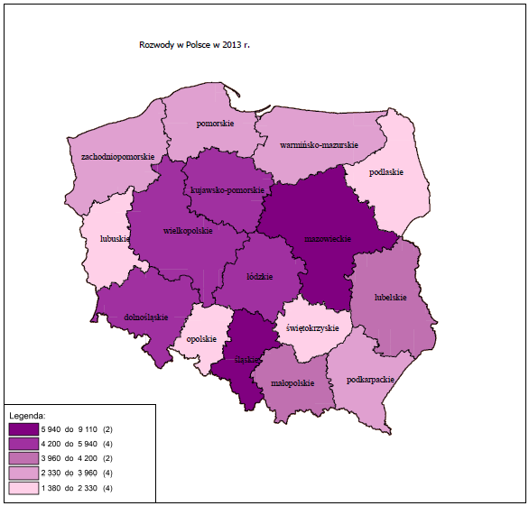 Mapa 2.2.1-2. Rozwody w Polsce w 2010 r. Rozwody w Polsce w 2011 r. Mapa 2.2.3-4.