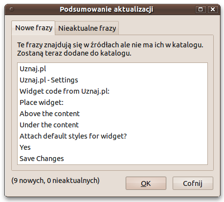 I wyszkoczyło kolejne okienko. Wyświetla ono listę znalezionych fraz do przetłumaczenia. Kliknij po prostu w OK. Plik.po został właśnie utworzony.