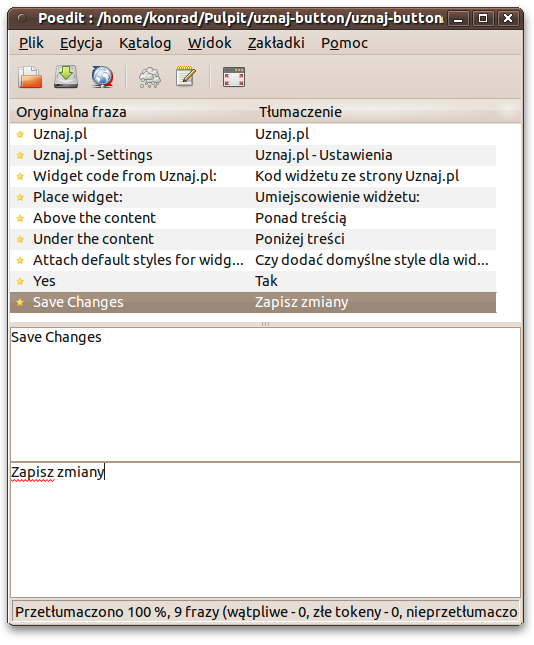 Po edycji zapisz zmiany (ctrl+s). Dobra, wiadomość. Po zapisaniu pliku, w katalogu wtyczki znajdziesz także plik o tej samej nazwie, ale o rozszerzeniu.mo. Tak naprawdę to on jest ważniejszy i to jego WordPress będzie szukał w czasie tłumaczenia tekstów.
