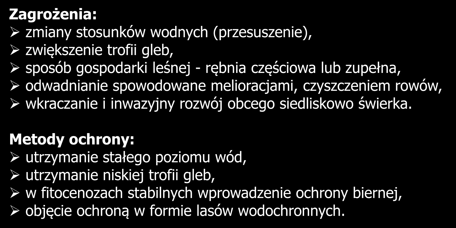 91D0-6 Sosnowo-brzozowy las bagienny Zagrożenia: zmiany stosunków wodnych (przesuszenie), zwiększenie trofii gleb, sposób gospodarki leśnej - rębnia częściowa lub zupełna, odwadnianie spowodowane