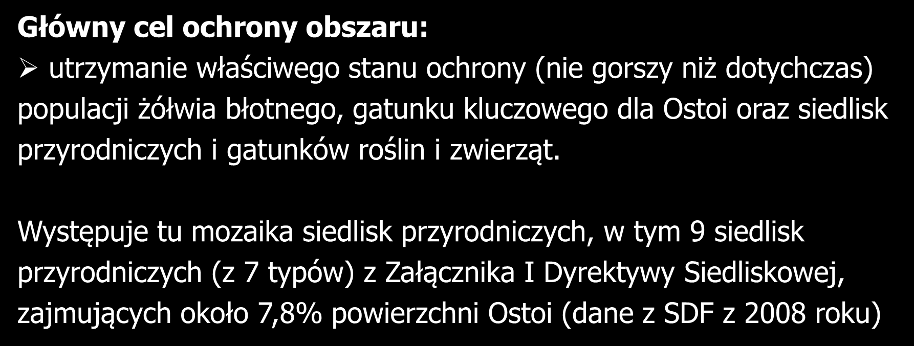 Główny cel ochrony obszaru: utrzymanie właściwego stanu ochrony (nie gorszy niż dotychczas) populacji żółwia błotnego, gatunku kluczowego dla Ostoi oraz siedlisk przyrodniczych i gatunków roślin i