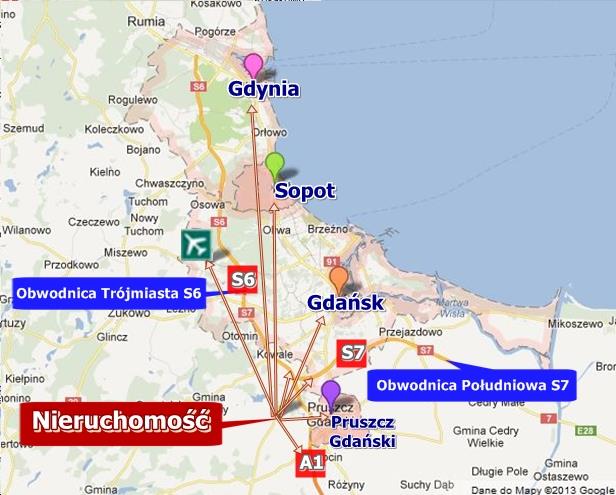 Sopot 32 km 31 min. Gdynia (centrum) 37 km 32 min. dróg i lotniska miast Obwodnica Trójmiasta S6 3,5 km 5 min.