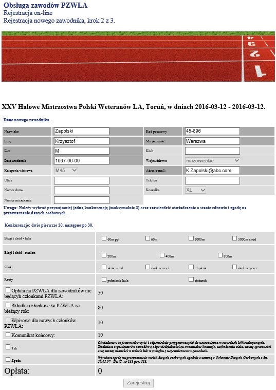 4. Rejestracja nowego zawodnika, krok 2 z 3. Wypełnienie formularza zgłoszenia na zawody.