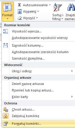 Formatowanie komórek Komórki można dowolnie formatować, czyli zmieniać ich wygląd. W tym celu wybieramy kartę Narzędzia główne. Następnie z grupy Komórki opcję Format (rys. obok).