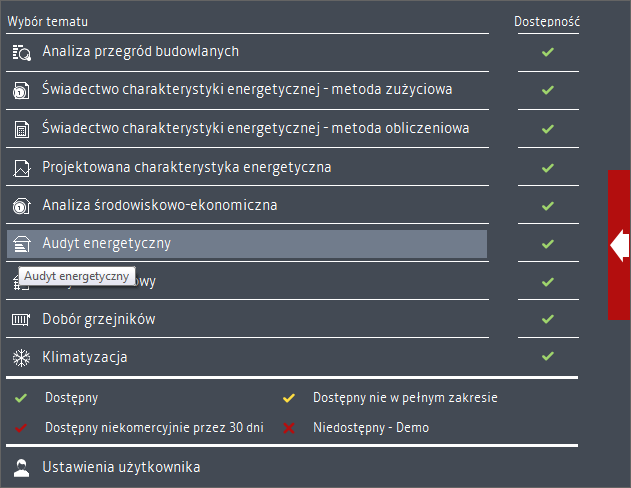 2.1 KROK 1 OBLICZENIA CIEPLNE 2.1.1 Wybór obliczeń Aby wykonać audyt energetyczny należy posiadać wersję ArCADia-TERMO PRO oraz kliknąć na zielony przycisk znajdujący się po lewej stronie okna