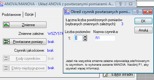 ANOVA w modelu zmiennych zależnych Skala interwałowa, liczba grup >2, zgodność z rozkładem normalnym w każdej z grup, założenie sferyczności (test Mauchleya) i symetrii połączonej H 0 : 1 = 2 =.