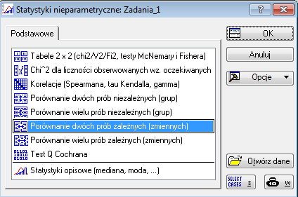 Test Manna-Whitneya : Gdy brak zgodności z rozkładem normalnym skala interwałowa, lub skala porządkowa w modelu zmiennych niepowiązanych, liczba grup k=2 H 0 : φ 1 = φ 2 H 1 : φ 1 φ 2 Patrzymy na