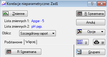 Współczynnik korelacji nieparametrycznej Spearmana oba parametry na skali interwałowej ale brak zgodności z rozkładem normalnym, jeden lub oba parametry na skali porządkowej H 0 : R S = 0 H 1 : R S 0