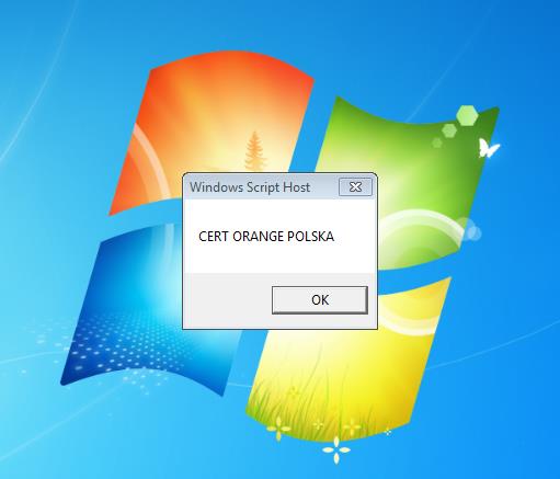 Efektem działania skryptu było wyświetlenie komunikatu CERT ORANGE POLSKA, lecz oczywiście