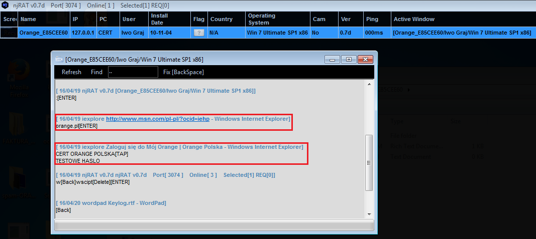 Keylogger moduł umożliwiający przechwytywanie wszystkich wpisanych znaków z klawiatury, dla przykładu została uruchomiona witryna www.orange.