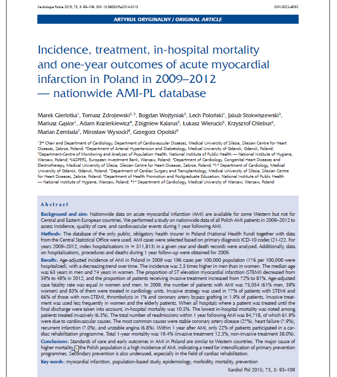 RAPORT Występowanie, leczenie i prewencja wtórna zawałów serca w Polsce Ocena na podstawie Narodowej Bazy Danych Zawałów Serca AMI-PL 2009-2012 Narodowy Instytut