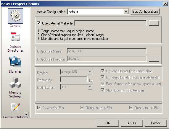 9. W oknie Project Options, należy wybrać opcję General oraz zaznaczyć opcję Use External