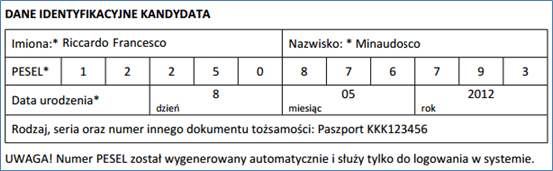 Rejestracja kandydata przez rodzica/ opiekuna prawnego Funkcja automatycznego