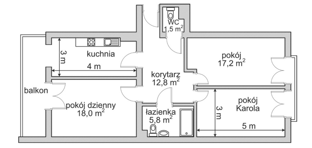 7. Plan mieszkania państwa Nowaków Odczytaj z planu wymiary kuchni i oblicz jej powierzchnię. 8. Sześciokąt przedstawiony na rysunku zbudowano z trzech jednakowych kwadratów.