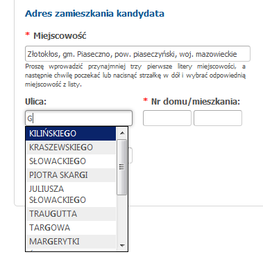Adres zamieszkania kandydata W przypadku kandydato w zamieszkałych w Piasecznie oraz innych gminach z powiatu, nalez