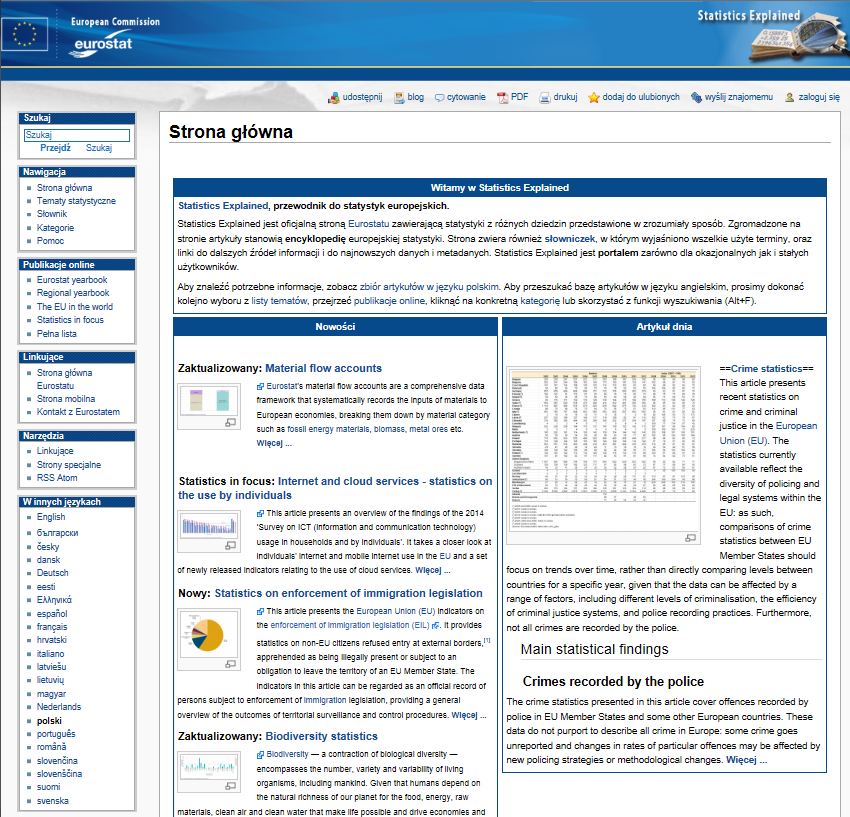 Przekrój informacji cd. Ciekawostką na stronie głównej jest przewodnik do statystyk europejskich. Zgromadzone na stronie artykuły stanowią encyklopedię europejskiej statystyki.