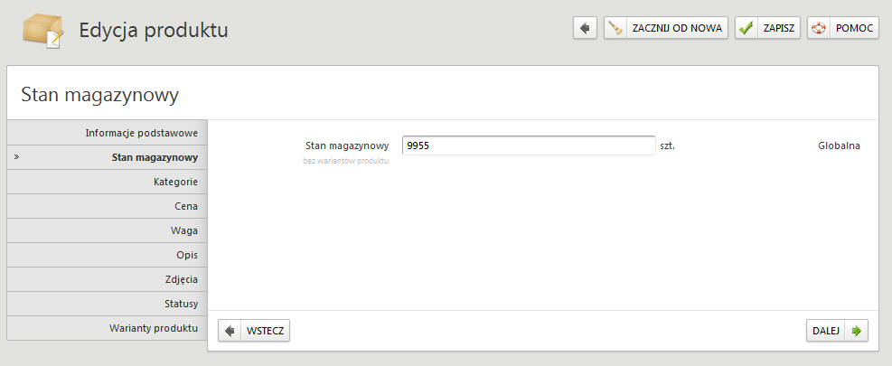W tym miejscu możesz równie ż doda ć kod EAN, kod kreskowy, określi ć producenta, papier czy rozmiar. Zakł adka Stan magazynowy o Określa ile produktów masz na swoim magazynie.