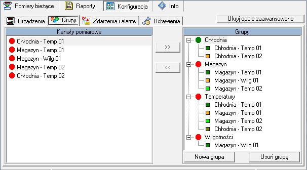 7. OPERACJE NA GRUPACH Grupa umożliwia tworzenie zbiorczego wykresu bieżącego/raportu dla wielu urządzeń, które użytkownik chciałby obserwować na jednym wykresie/raporcie.