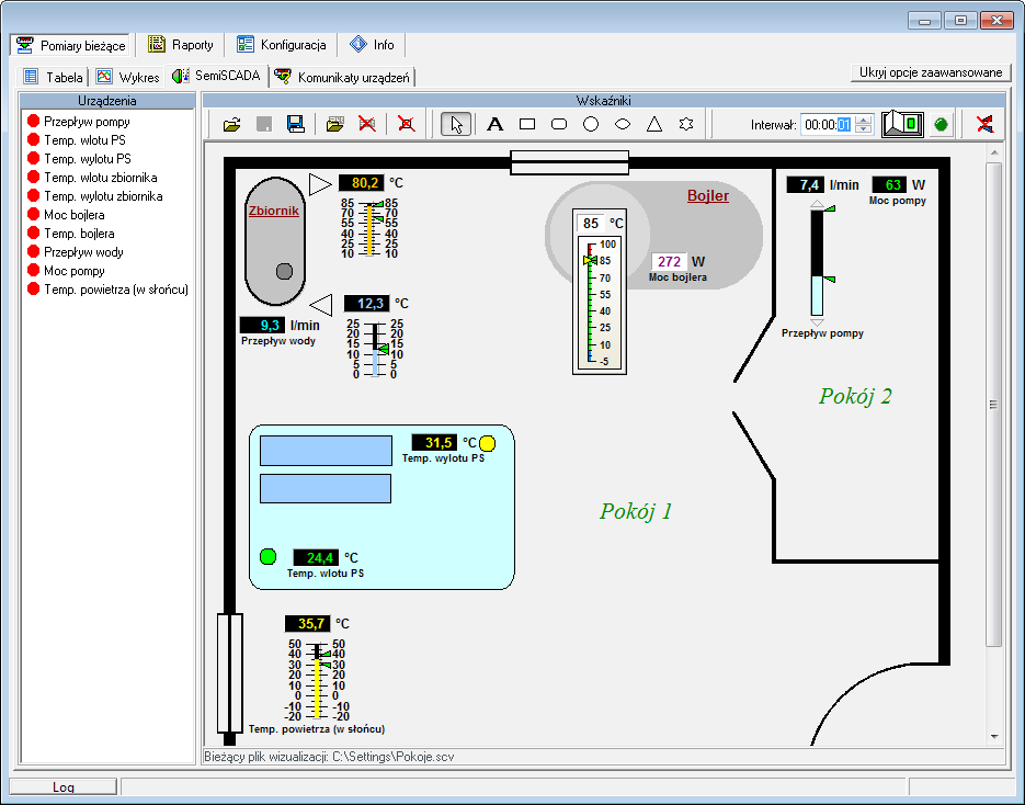 9. MODUŁ semiscada Program SimCorder Soft wyposażony jest w moduł semiscada, dzięki któremu można przedstawić bieżące pomiary w przejrzysty sposób graficzny.