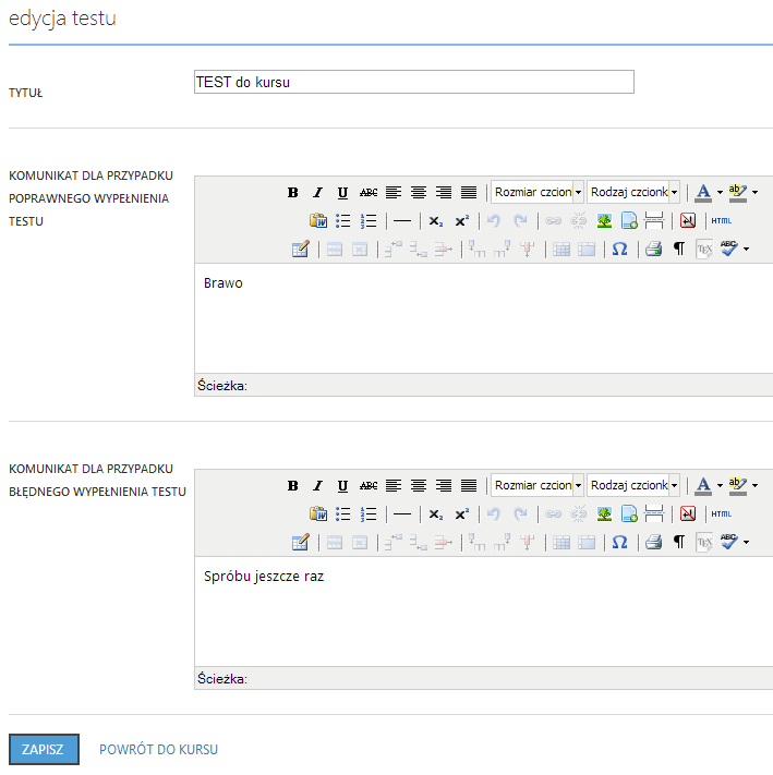 2. MENU CMS JEDNOSTKI TREŚCI - KURSY W pierwszym kroku określ komunikaty,