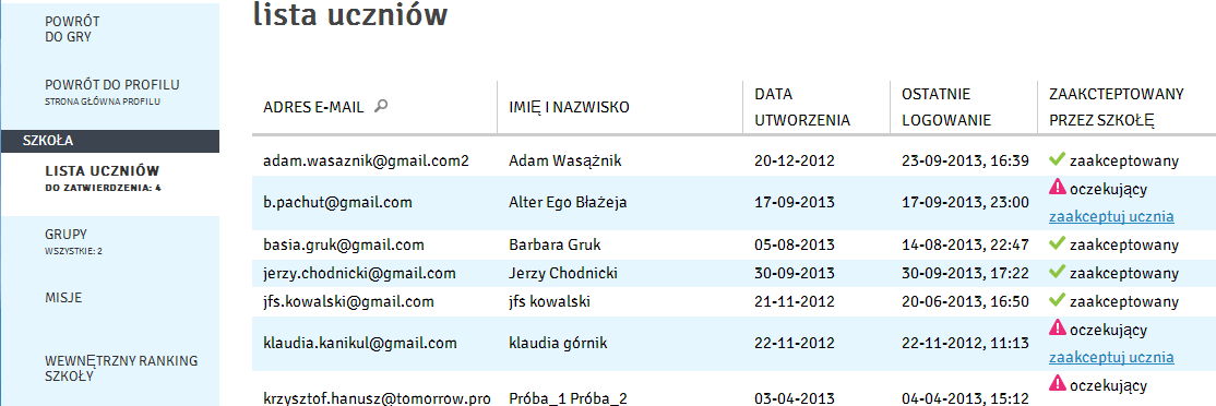 2. MENU CMS SZKOŁA LISTA UCZNIÓW Kliknij ikonkę lupki, aby otworzyć filtrowanie listy. W tym miejscu widzisz dane uczniów, którzy przynależą do Twojej szkoły.