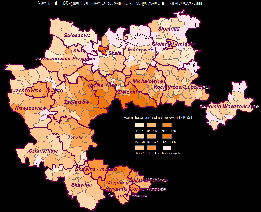 Poziom cen nieruchomości gruntowych o przeznaczeniu mieszkaniowym (inwestycyjnym) kreowany jest odległością od Krakowa oraz lokalnych centr w poszczególnych jednostkach ewidencyjnych (Rysunek 2).