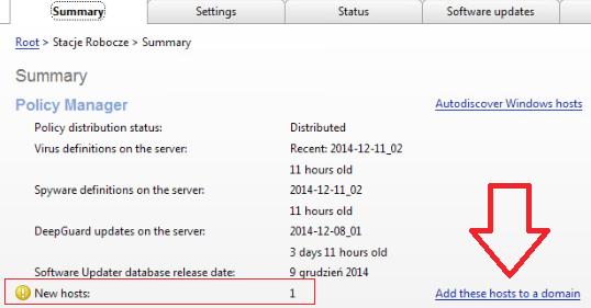 IMPORT HOSTÓW DO POLICY MANAGER W celu importu komputerów, na których zainstalowano oprogramowanie Client Security, należy otworzyć Policy Manager Console, następnie przejść do zakładki Summary i