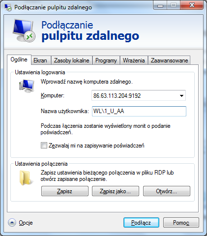 S t r o n a 14 Szkoły 137-170 86.63.69.199:9192 Szkoły 171-204 86.63.69.202:9192 Rycina 10. Wpisanie użytkownika pulpitu zdalnego.