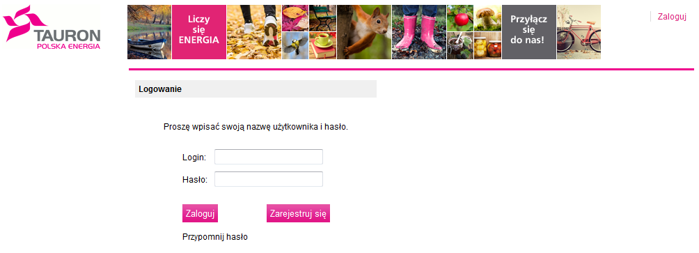 4. Logowanie do systemu Po wejściu na główną stronę Systemu Wsparcia Organizacji Zakupów w GRUPIE TAURON w górnym prawym rogu strony głównej widoczny jest napis Zaloguj, który służy do wejścia