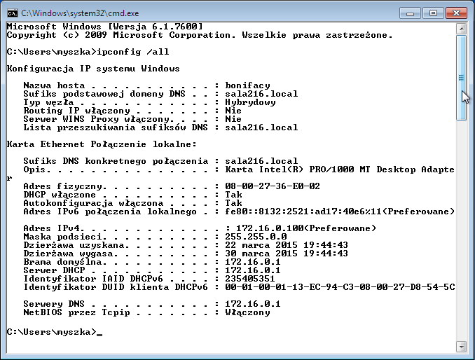 Test działania serwera DHCP Serwer DHCP