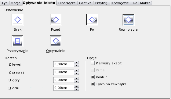 Zaznaczenie ikony Równoległe powoduje w sekcji Opcje uaktywnienie pola wyboru Kontur.