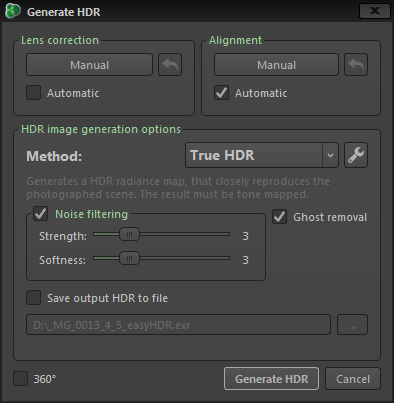 Opcje generacji HDR. 3.3.1. Pre-processing Zanim wygenerowany zostanie obraz HDR, możliwe jest przetworzenie zdjęć wejściowych. Dostępne opcje to: korekcja obiektywu oraz wyrównanie.