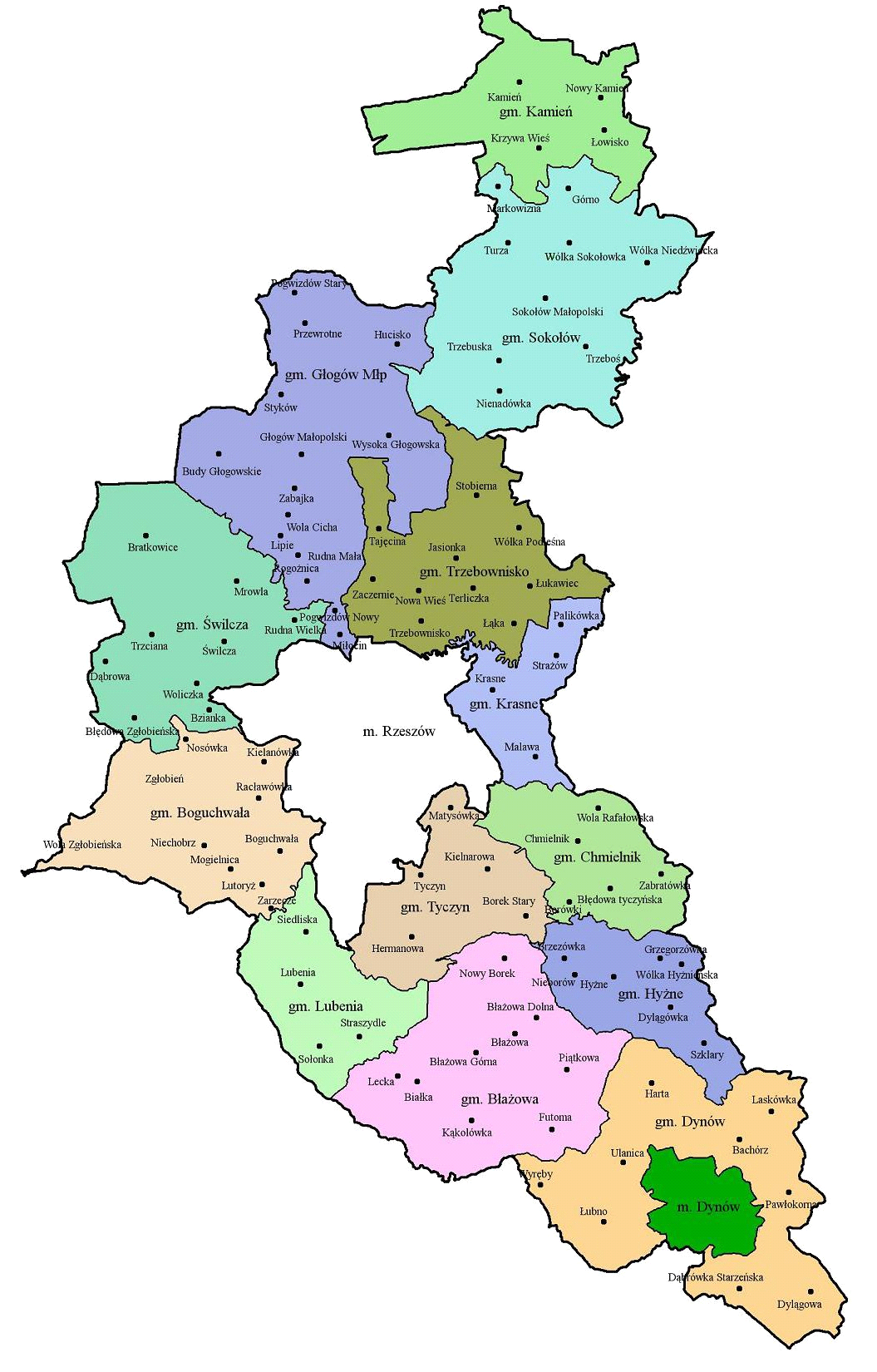 Mapa nr 1 Mapa Powiatu Rzeszowskiego W powiecie znajduje się 6 miast: Błażowa, Boguchwała, Sokołów Małopolski, Głogów Małopolski, Dynów i Tyczyn.