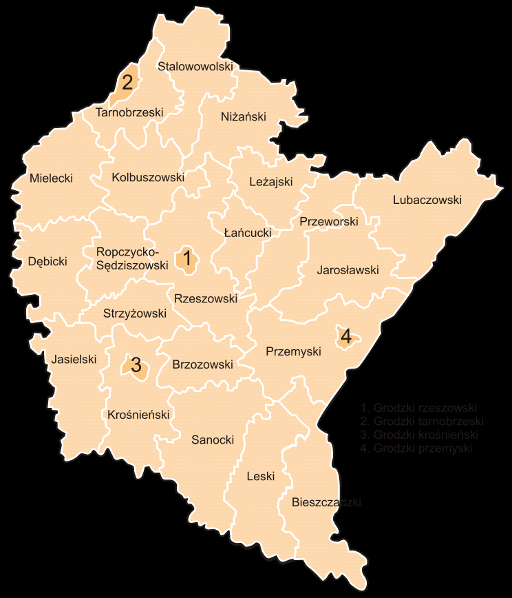 Mapa nr 2 Mapa Województwa Podkarpackiego wg powiatów Głównymi czynnikami determinującymi potrzeby w zakresie publicznej komunikacji zbiorowej są: rozczłonkowanie przestrzenne powiatu, który nie