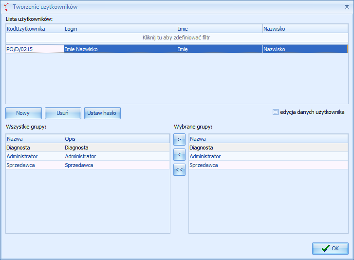 18. Uzupełnić dane diagnostów w menu Administracja / Użytkownicy Edycja danych użytkownika możliwa jest po zaznaczeniu pozycji na liście i zaznaczeniu pola edycja danych użytkownika.
