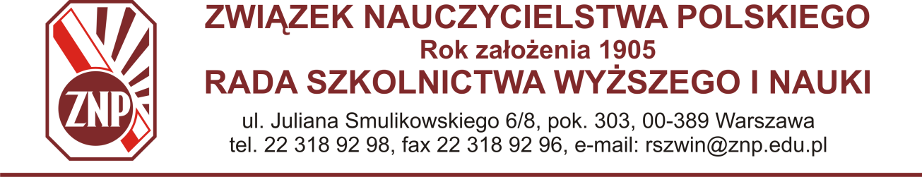 załącznik do Uchwały 2/2014 Rady SzWiN ZNP z dnia 5 grudnia 2014 roku Plan pracy Rady Szkolnictwa Wyższego i Nauki ZNP na rok 2015 Główne zadania wynikające z programu działania Rady na kadencję