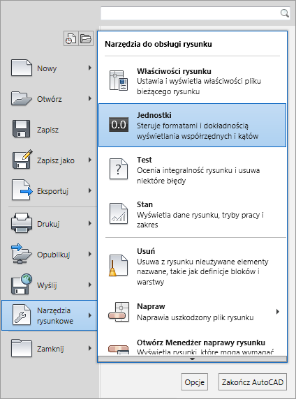 Format jednostek rysunku odpowiada wyłącznie za styl wyświetlania jednostek rysunku na ekranie, takich jak współrzędne i wartości w oknach dialogowych i monitach.