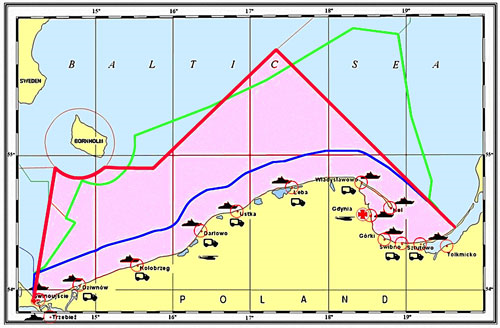 pokazany na rysunku 1 jako czerwona strefa (linia niebieska wody terytorialne; linia zielona wyłączny obszar ekonomiczny; linia czerwona strefa odpowiedzialności SAR).