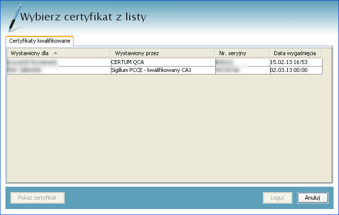 Wybór certyfikatu do podpisu składanego wniosku z listy