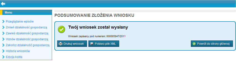 Informacja o wysłaniu wniosku do CEIDG